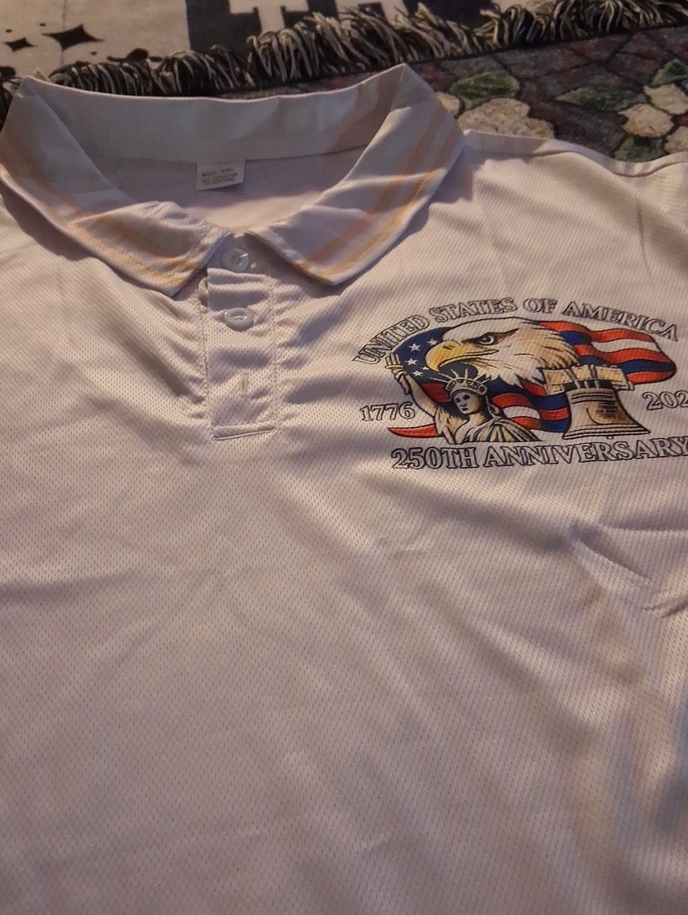 Men's White Polo Shirt with 250th Anniversary Patriotic Graphic